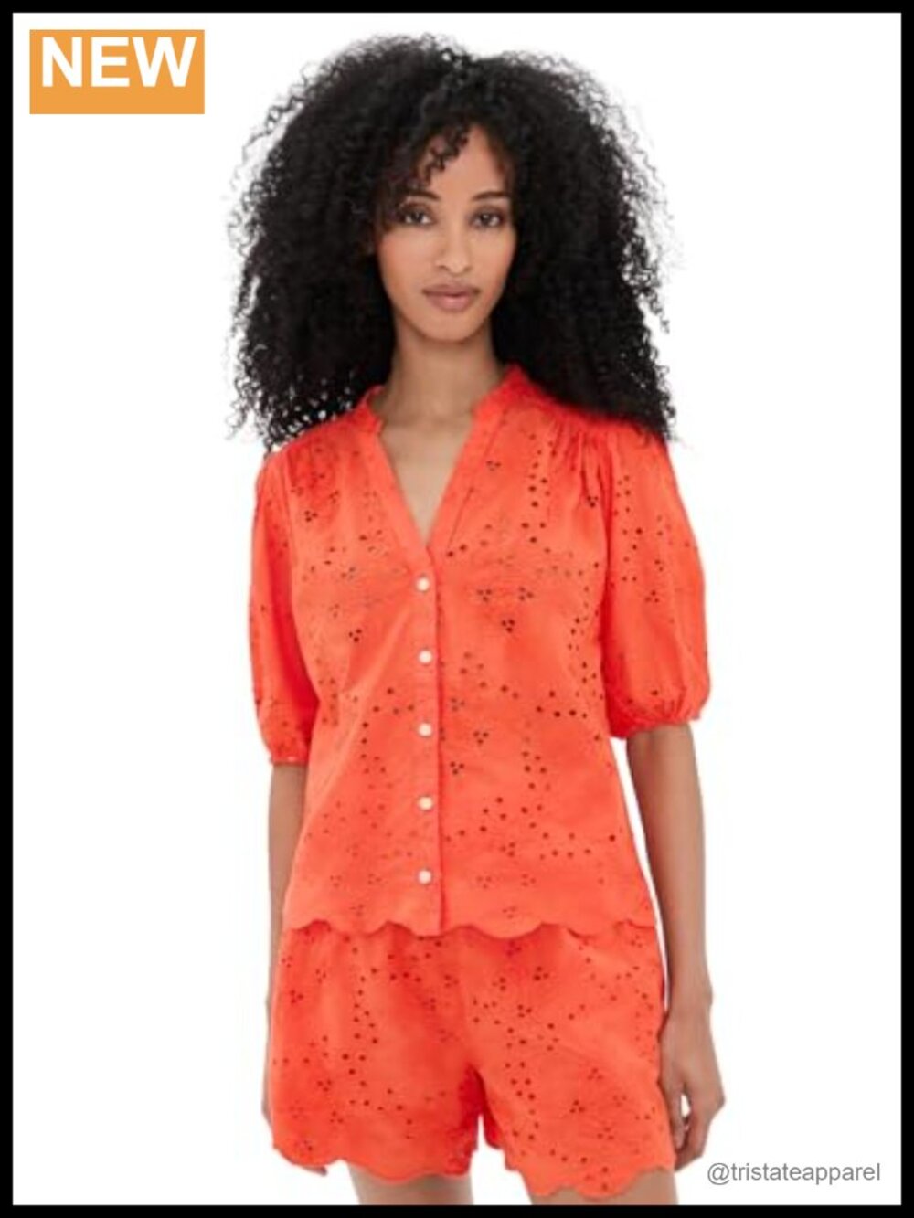 Women's Eyelet Blouse Cotton Puff Sleeve Button Down